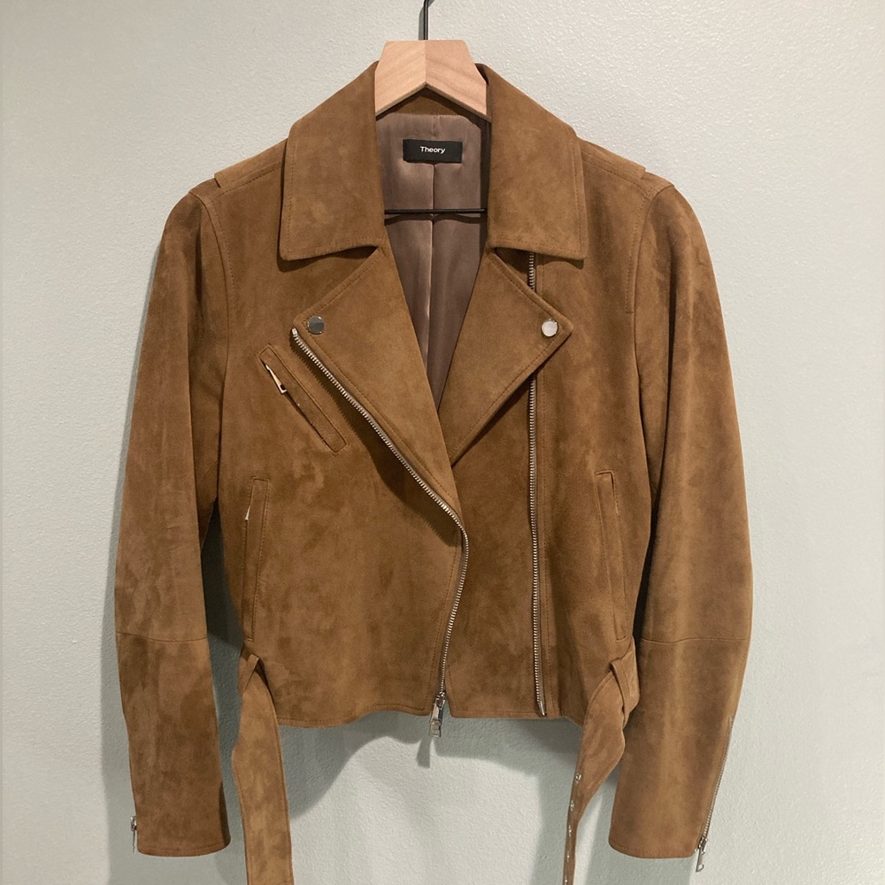Theory Cropped Lambskin Suede Leather Moto Jacket in Caramel Sz S